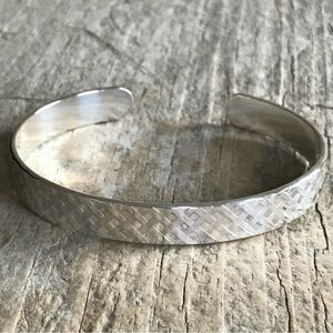 Polished Sterling Silver Plaid Tartan Open Cuff Bangle Handmade 9.5mm Wide